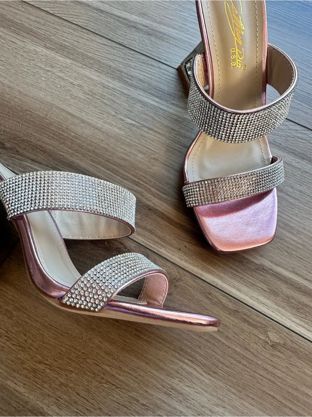 Crystal-Embellished Rose Pink Metallic Block Heel Sandals Brand New w/ Box